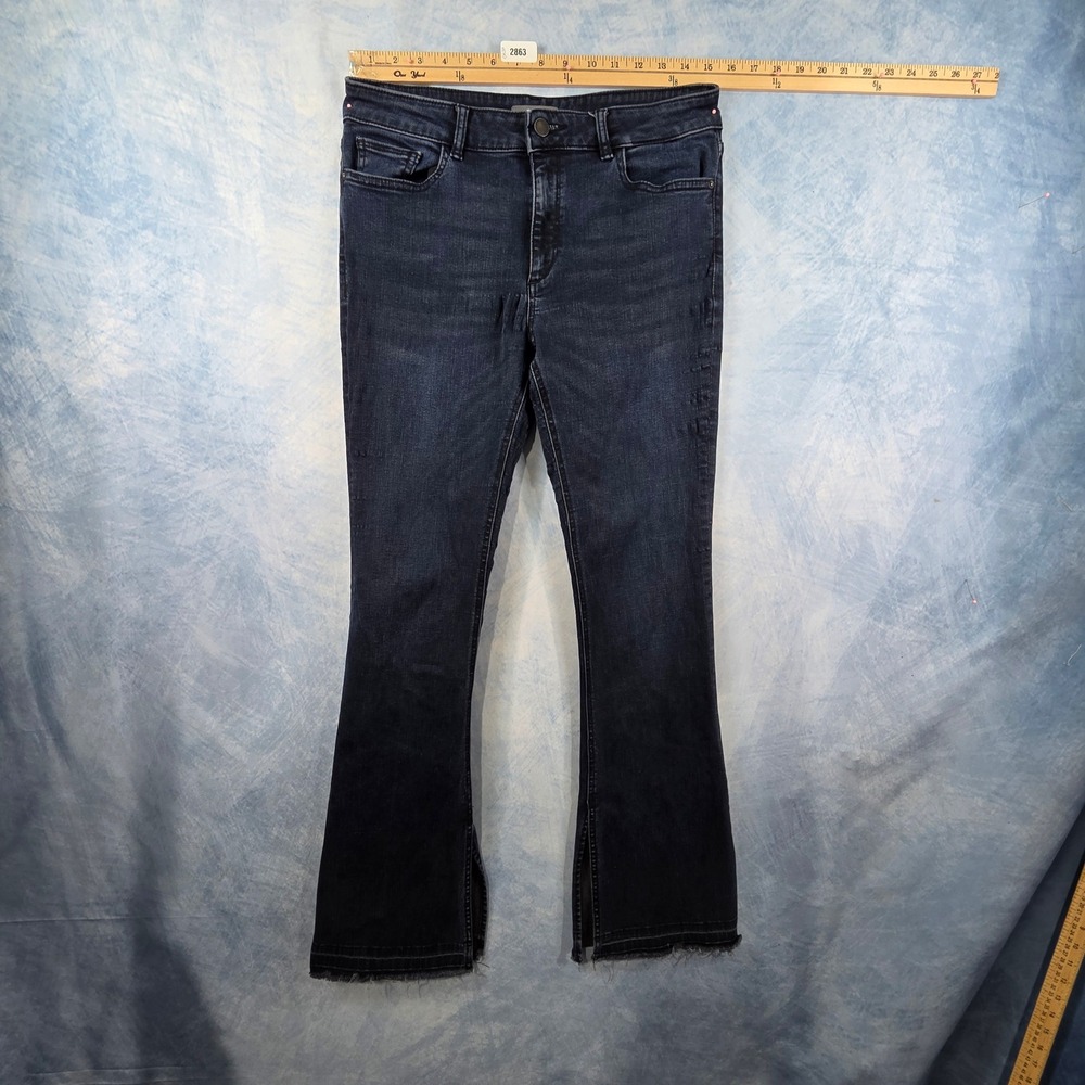 DL1961 Dark Wash High Rise Flare Jeans with Side Slit‎ Raw Hem Size 30